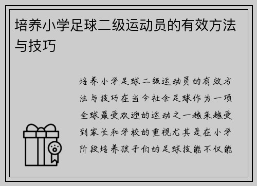 培养小学足球二级运动员的有效方法与技巧